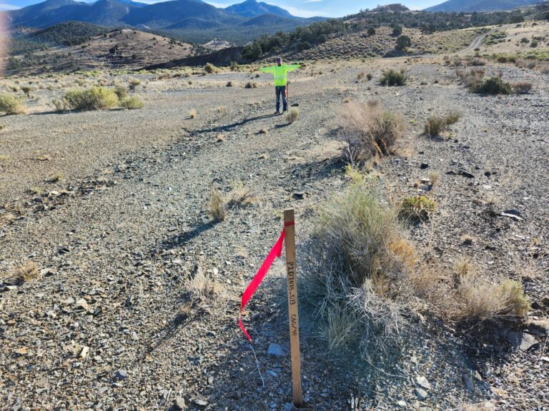 A marked wooden stake and a field worker on rocky ground in the Manhattan District.