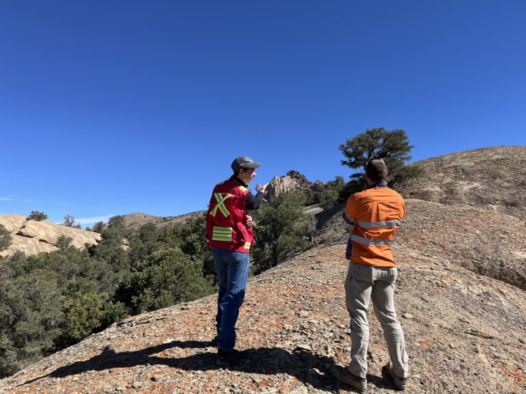 Two geologists discuss a rocky outcrop in the field.